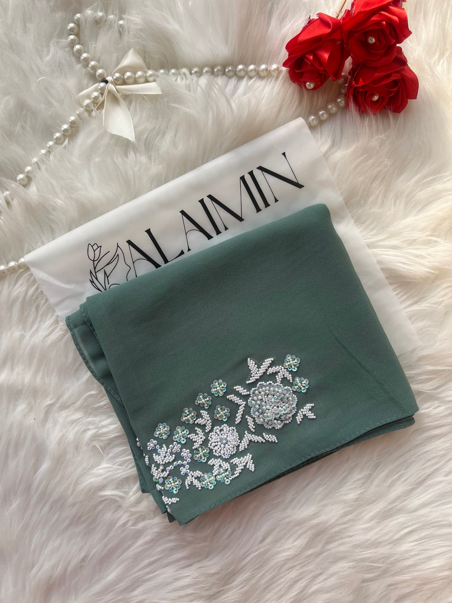 MAH E NAZ | FESTIVE PARTY WEAR LUXURY HANDWORK GREEN HIJAB
