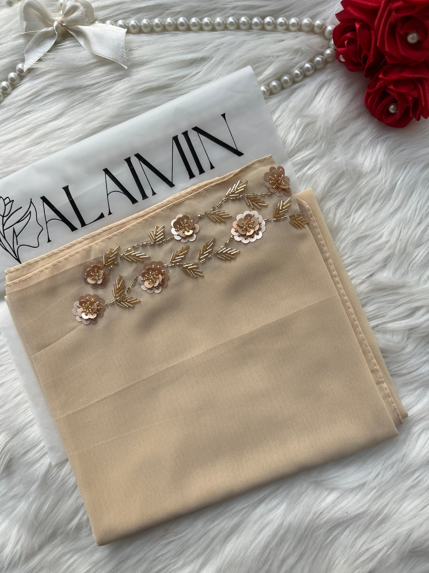 NUREYAH | FESTIVE PARTY WEAR LUXURY HANDWORK BEIGE HIJAB