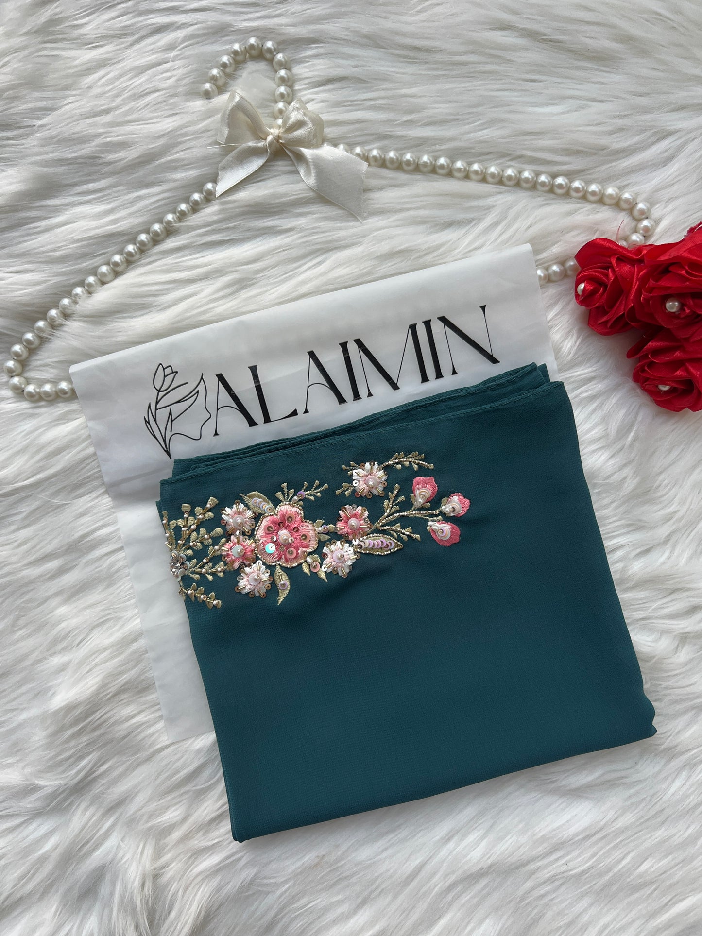 BAAG E BAHAR| LUXURY THREADWORK AND HANDWORK TEAL HIJAB