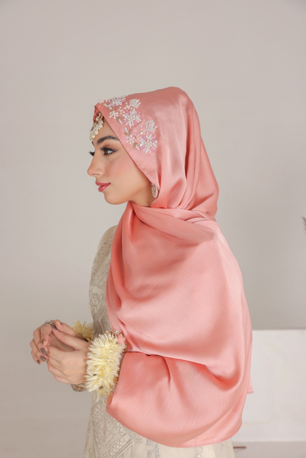 festive luxury hijab scarf in silk pink 