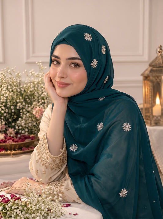 Bahar-e-Gul | Bottle Green | Signature All-Over Floral Hijab