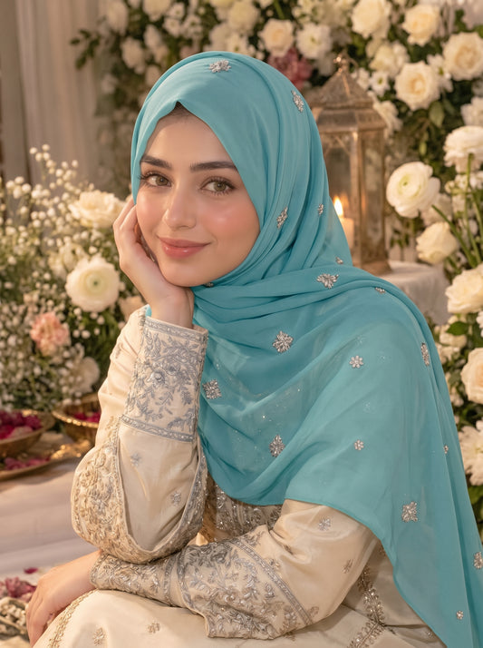 Gulbahar | Aqua | Signature All-Over Floral Hijab