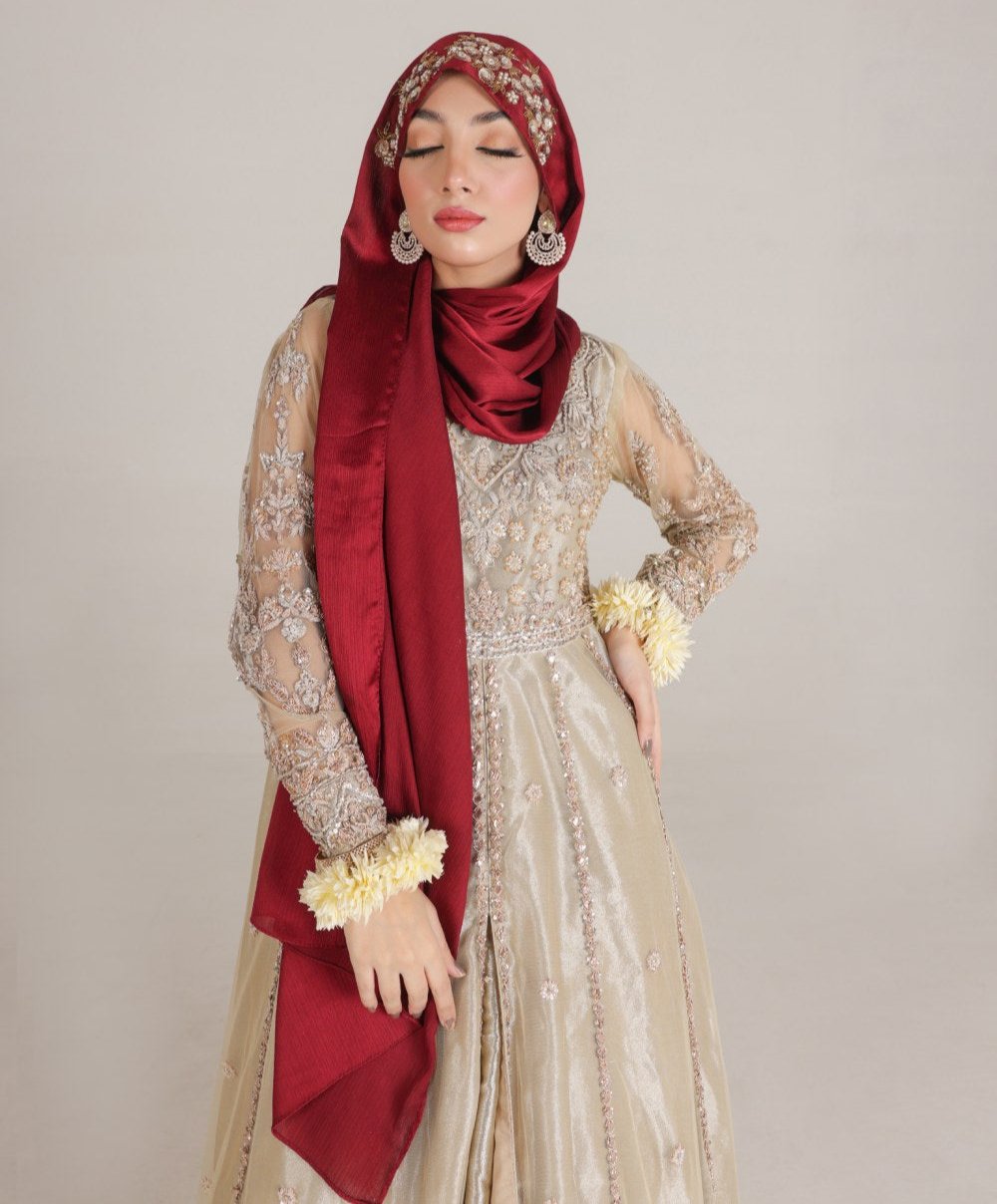 festive hijab in silk maroon