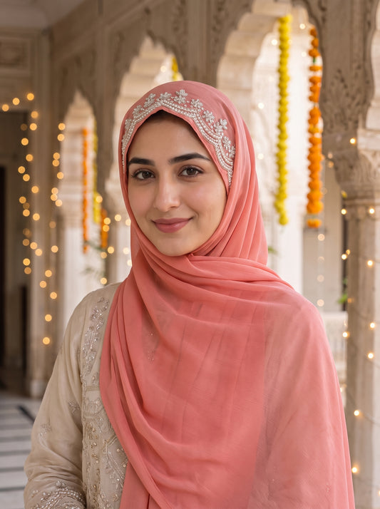 HABIBA | FESTIVE HANDWORK PEACH PINK HIJAB