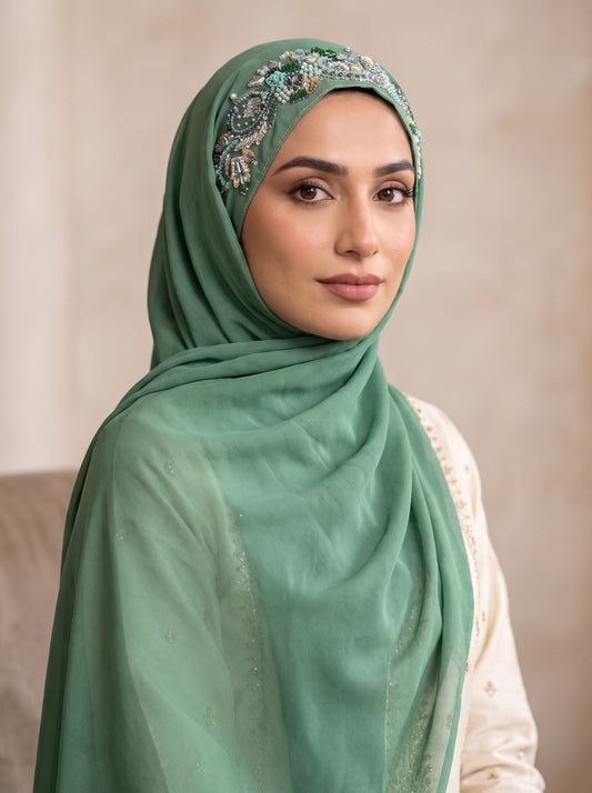 SHABNUM | FESTIVE PARTY WEAR LUXURY HANDWORK LIGHT GREEN HIJAB