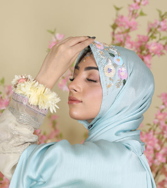 sky blue
light blue
blue
fancy hijab
formal
wedding hijab
silk