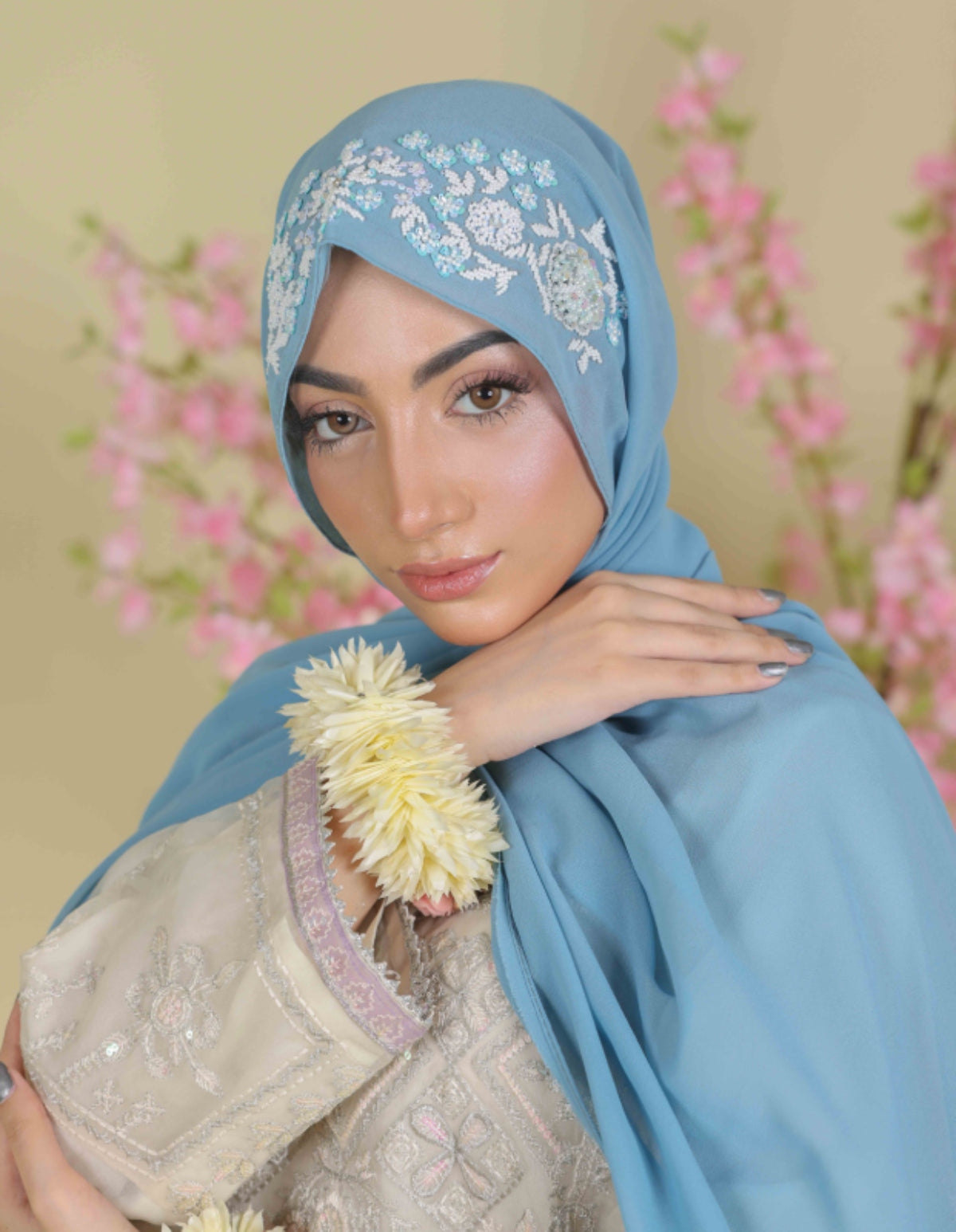MAH E NAZ | FESTIVE PARTY WEAR LUXURY HANDWORK SKY BLUE HIJAB