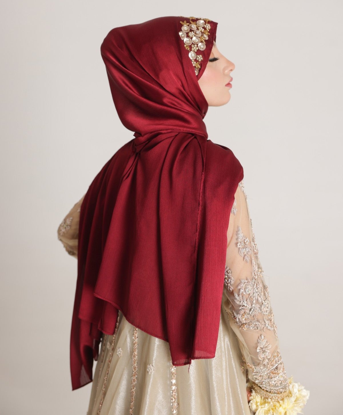 silky fancy luxury hijab in red
