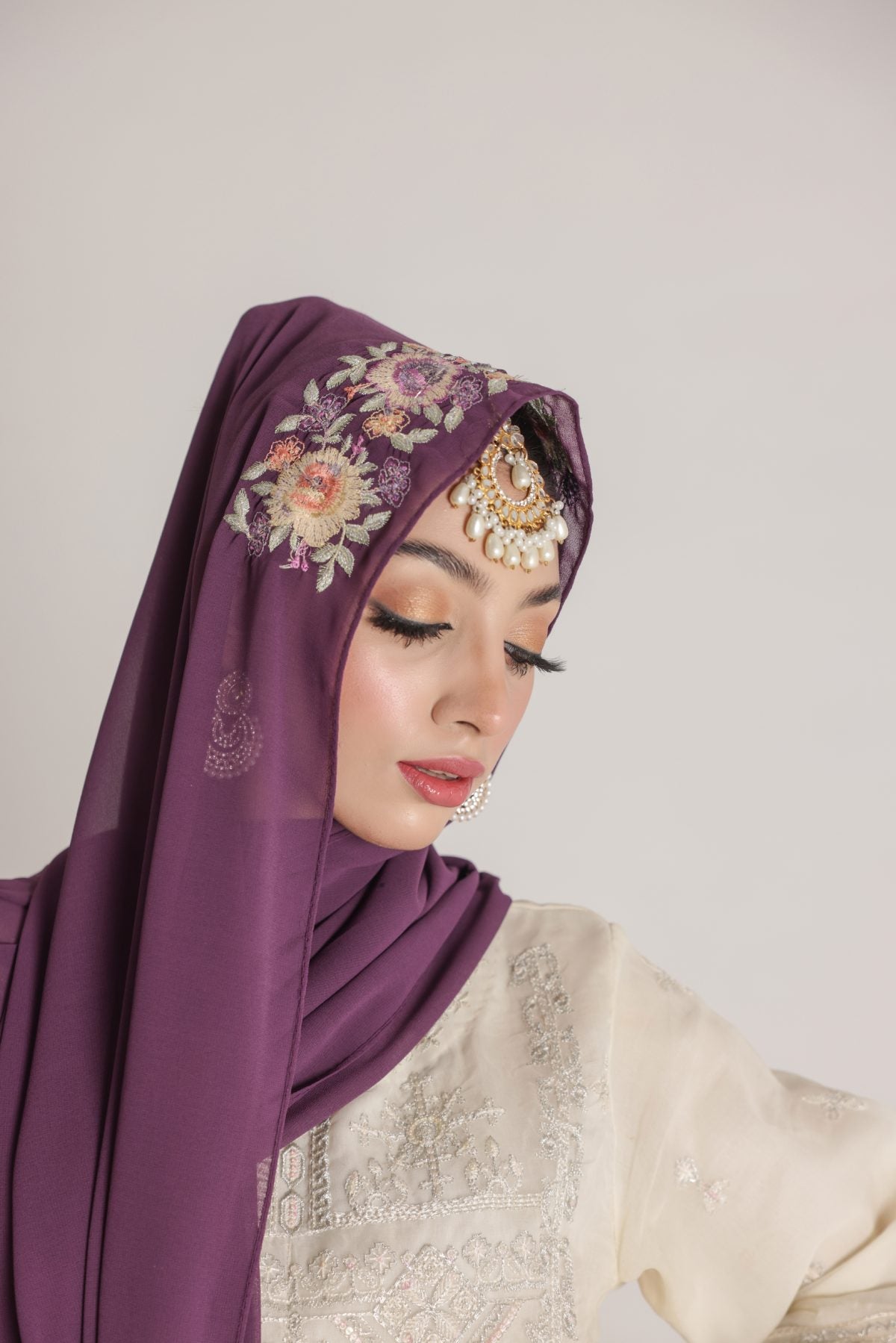 fancy bridal hijab purple in chiffon